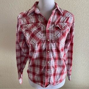 TwentyX Wrangler Western Shirt Pearl Snap Buttons Plaid Embroidered Red: XL